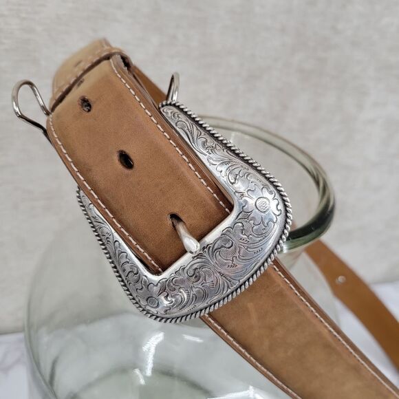 Nocona Top Hand Leather Western Belt Tan with Black Billet Silver Concho Men's - Picture 4 of 14